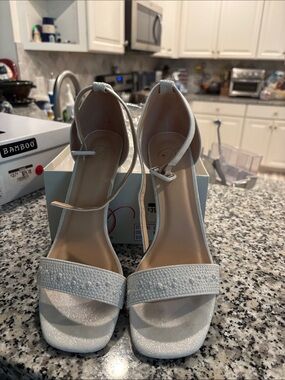 White Beaded Ankle-Strap Heeled Sandals